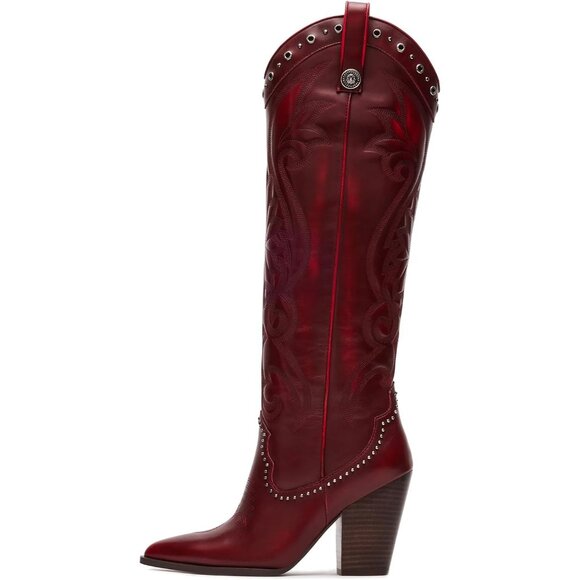 Women Burgundy Embroidered Pointed Toe Knee High Western Chunky Heels Boots - Picture 1 of 6